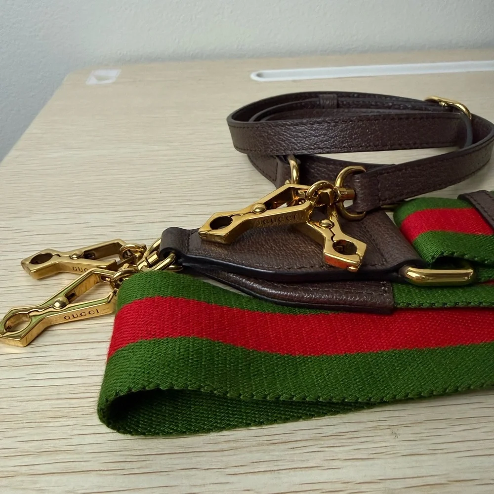 Gucci Brown Tan GG Canvas Bamboo Top Handle Shoulder Bag with Green Red Strap